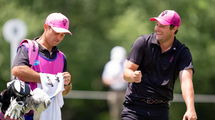 Peter Uihlein of RangeGoats GC and caddie, Zach Guthrie, on the fifth hole during the second round of LIV Golf Virginia at Robert Trent Jones Golf Club on Saturday, June 07, 2025 in Gainesville, Virginia. (Photo by Pedro Salado/LIV Golf)