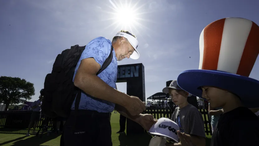Co-Captain Ian Poulter of Majesticks GC signs his autograph during the first round of LIV Golf Dallas at Maridoe Golf Club on Friday, June 27, 2025 in Carrollton, Texas. (Photo by Charles Laberge/LIV Golf)