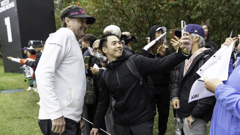 Captain Bubba Watson of RangeGoats GC poses for a photo with fans after the first round of LIV Golf Hong Kong at Hong Kong Golf Club Fanling on Friday, March 07, 2025 in Fanling, Hong Kong. (Photo by Jon Ferrey/LIV Golf)