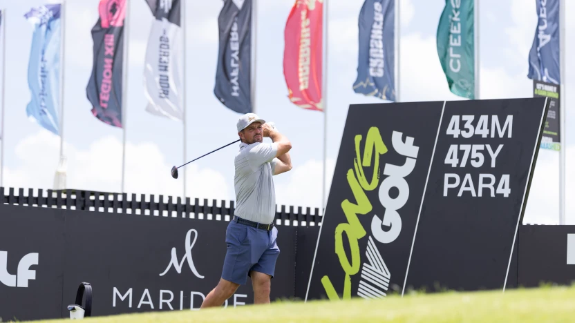 Captain Bryson DeChambeau of Crushers GC hits his shot from the 12th tee during the practice round before the start of LIV Golf Dallas at Maridoe Golf Club on Tuesday, June 24, 2025 in Carrollton, Texas. (Photo by Chris Trotman/LIV Golf)