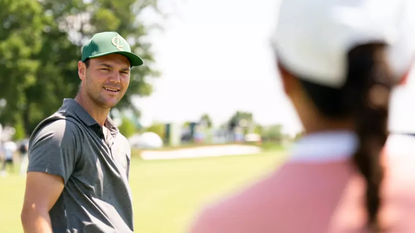 Captain Martin Kaymer of Cleeks GC and LIV Golf Broadcast member, Su-Ann speak on the 15th hole at Heng Time during the practice round ahead of LIV Golf Bedminster at the Trump National Golf Club on Wednesday, August 09, 2023 in Bedminster, New Jersey. (Photo by Hailey Garrett/LIV Golf)