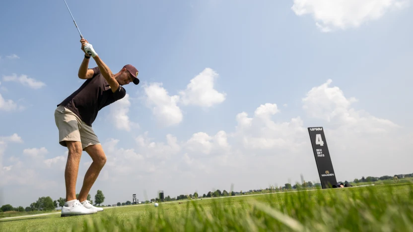 Adrian Meronk of Cleeks GC practices on the fourth hole during the practice round before the start of LIV Golf Chicago at Bolingbrook Golf Club on Tuesday, August 05, 2025 in Bolingbrook, Illinois. (Photo by Charles Laberge/LIV Golf)