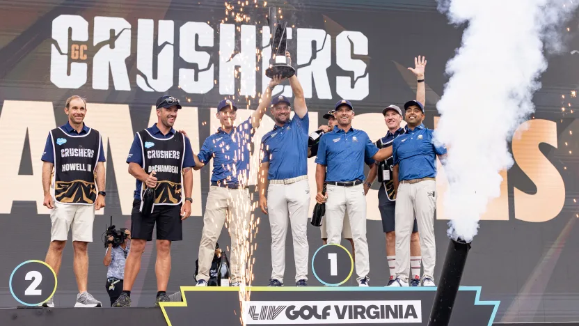 First place team champions, Captain Bryson DeChambeau of Crushers GC, Paul Casey of Crushers GC, Charles Howell III of Crushers GC, Anirban Lahiri of Crushers GC and cadies, John McLaren, Nick Jones,Tim Giuliano, Greg Bodine, during the trophy ceremony after the final round of LIV Golf Virginia at Robert Trent Jones Golf Club on Sunday, June 08, 2025 in Gainesville, Virginia. (Photo by Chris Trotman/LIV Golf)