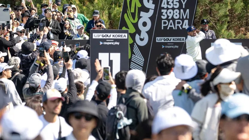Captain Bryson DeChambeau of Crushers GC hits his shot from the 11th tee during the final round of LIV Golf Korea at Jack Nicklaus Golf Club on Sunday, May 04, 2025 in Incheon, South Korea. (Photo by Charles Laberge/LIV Golf)