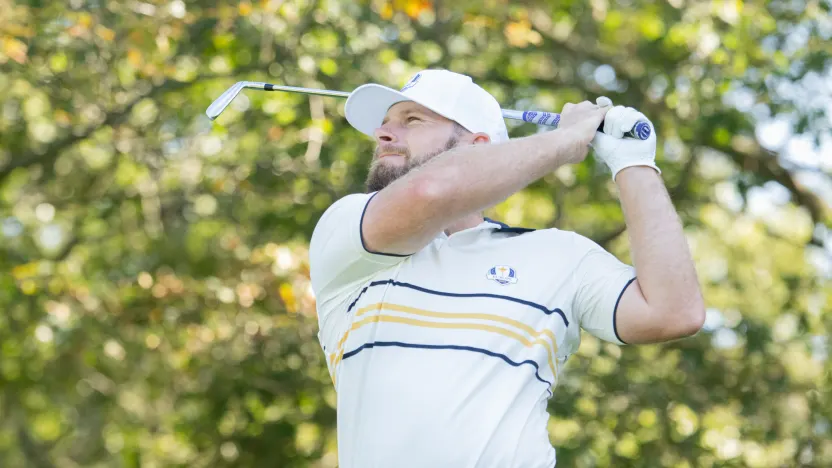 Tyrrell Hatton of Team Europe hits his shot during the singles match play of the Ryder Cup at Bethpage Black Golf Course on Sunday, September 28, 2025 in Farmingdale, New York. (Photo by Charles Laberge/LIV Golf)