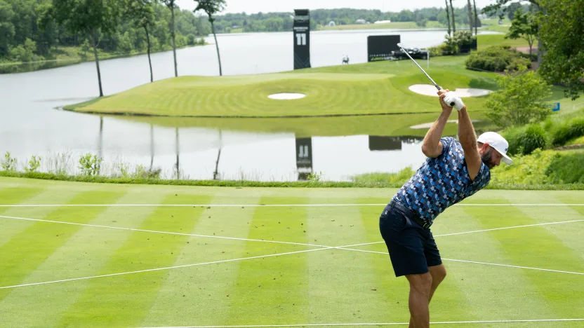 Captain Dustin Johnson of 4Aces GC hits his shot from the 11th tee during the practice round before the start of LIV Golf Virginia at Robert Trent Jones Golf Club on Tuesday, June 03, 2025 in Gainesville, Virginia. (Photo by Charles Laberge/LIV Golf)