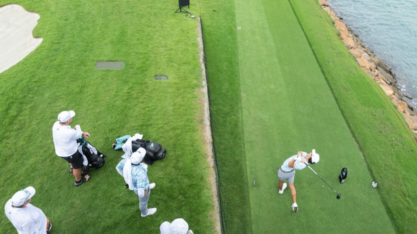 Captain Joaquín Niemann of Torque GC hits his shot from the sixth tee during the practice round before the start of LIV Golf Singapore at Sentosa Golf Club on Tuesday, March 11, 2025 in Sentosa, Singapore. (Photo by Charles Laberge/LIV Golf)