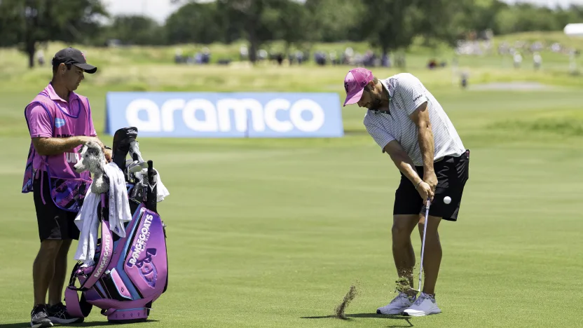 Peter Uihlein of RangeGoats GC hits his shot from the 18th fairway during the second round of LIV Golf Dallas at Maridoe Golf Club on Saturday, June 28, 2025 in Carrollton, Texas. (Photo by LIV Golf)