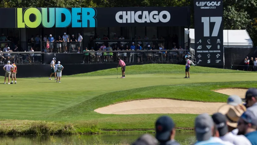 A general view is seen as Captain Bubba Watson of the RangeGoats GC putts on the 17th green during the final round of LIV Golf Chicago at the Rich Harvest Farms on Sunday, September 24, 2023 in Sugar Grove, Illinois. (Photo by Chris Trotman/LIV Golf)