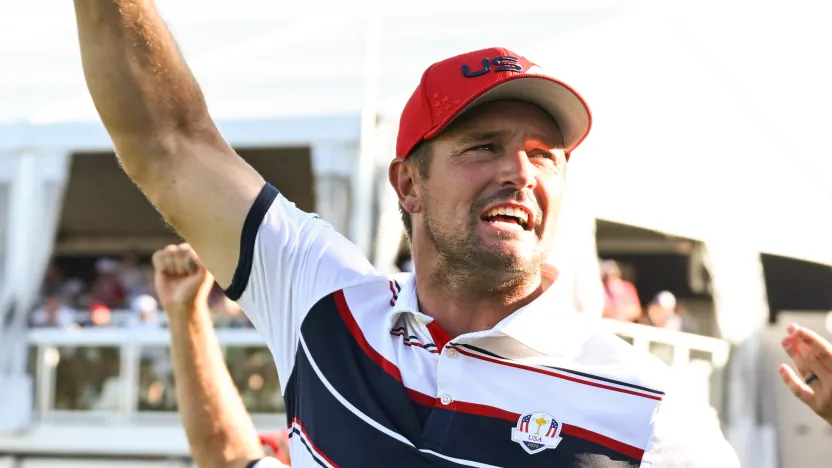 Bryson DeChambeau of Team USA cheers his team on during the singles match play of the Ryder Cup at Bethpage Black Golf Course on Sunday, September 28, 2025 in Farmingdale, New York. (Photo by Charles Laberge/LIV Golf)