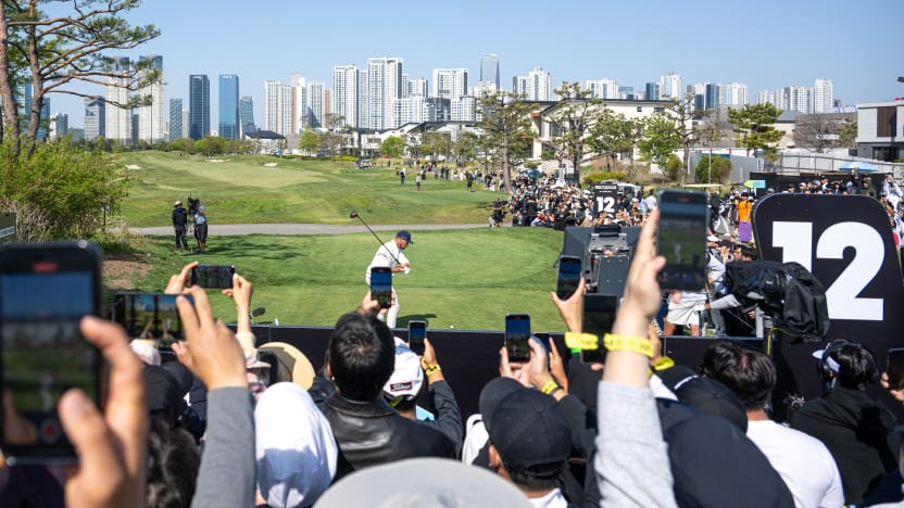 Captain Bryson DeChambeau of Crushers GC hits his shot from the 12th tee during the final round of LIV Golf Korea at Jack Nicklaus Golf Club on Sunday, May 04, 2025 in Incheon, South Korea. (Photo by Charles Laberge/LIV Golf)