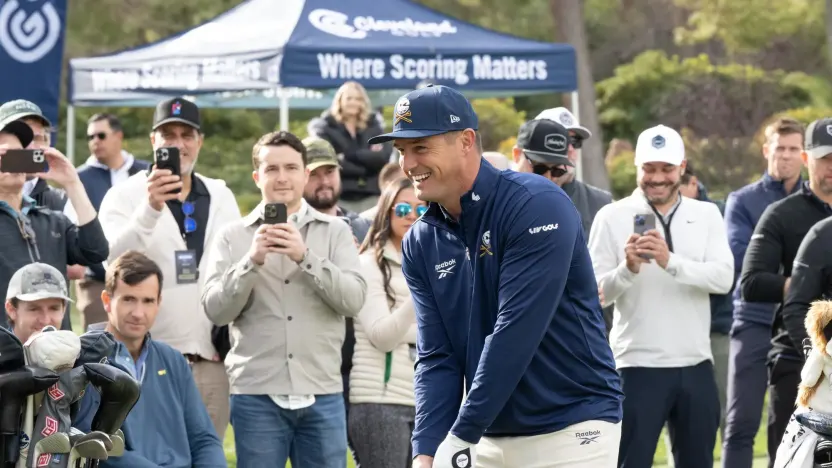 Captain Bryson DeChambeau of Crushers GC smiles on the driving range before the Showdown at the Shadow Creek Golf Course on Monday, Dec. 16, 2024 in Las Vegas, Nevada. (Photo by Montana Pritchard/LIV Golf)