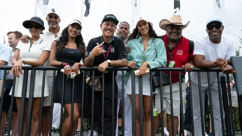 Nicole Ari Parker, Boris Kodjoe, Sarah Fontenot,  Ben Baller, Nikki Blades,  Roland Martin, and Jay Williams attend LIV Golf Indianapolis 2025.