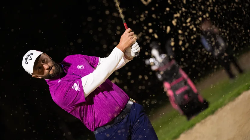 image: Captain Jon Rahm of Legion XIII hits his shot during the practice round before the start of LIV Golf Riyadh at Riyadh Golf Club on Tuesday, Feb. 04, 2025 in Riyadh, Saudi Arabia. (Photo by Pedro Salado/LIV Golf)