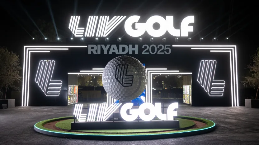 image: LIV Golf Riyadh signage is seen at the entrance during the pro-am before the start of LIV Golf Riyadh at Riyadh Golf Club on Wednesday, February 05, 2025 in Riyadh, Saudi Arabia. (Photo by Charles Laberge/LIV Golf)