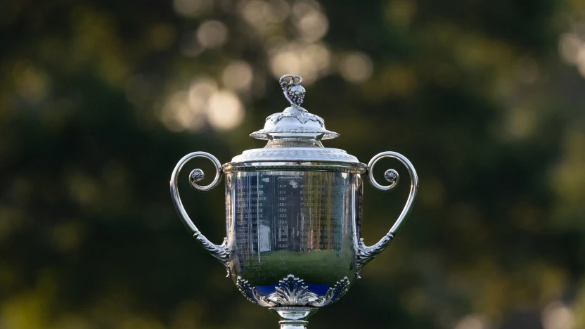 A general view of the Wanamaker Trophy during the first round of the 2025 PGA Championship at Quail Hollow Club on Thursday, May 15, 2025 in Charlotte, North Carolina. (Photo by Jon Ferrey/LIV Golf)