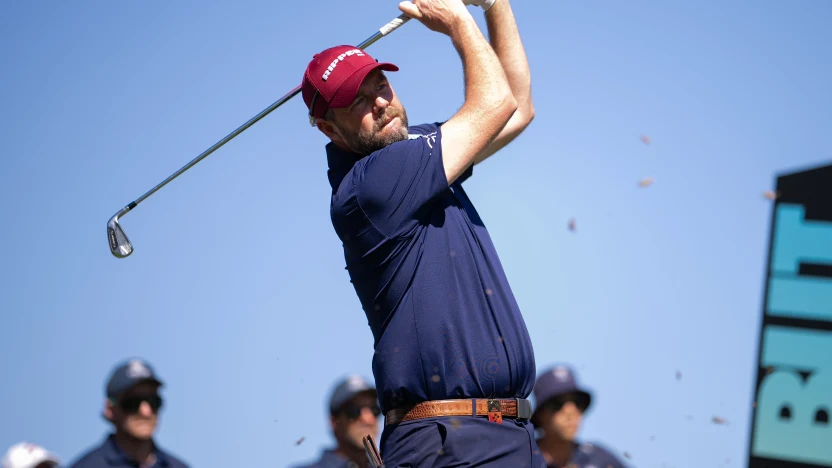 Marc Leishman of Ripper GC hits his shot from the fourth tee during the practice round before the start of LIV Golf Adelaide at Grange Golf Club on Tuesday, February 11, 2025 in Adelaide, Australia. (Photo by Pedro Salado/LIV Golf)