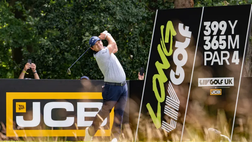 Patrick Reed of 4Aces GC hits his shot from the 11th tee during the second round of LIV Golf United Kingdom at JCB Golf & Country Club on Saturday, July 26, 2025 in Rocester, England. (Photo by Charles Laberge/LIV Golf)