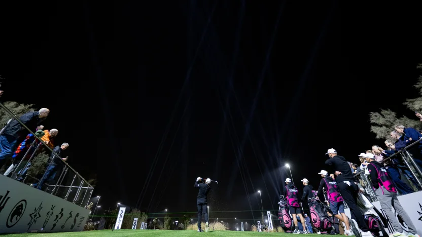 Tyrrell Hatton of Legion XIII hits his shot from the seventh tee during the final round of LIV Golf Riyadh at Riyadh Golf Club on Saturday, February 08, 2025 in Riyadh, Saudi Arabia. (Photo by Charles Laberge/LIV Golf)