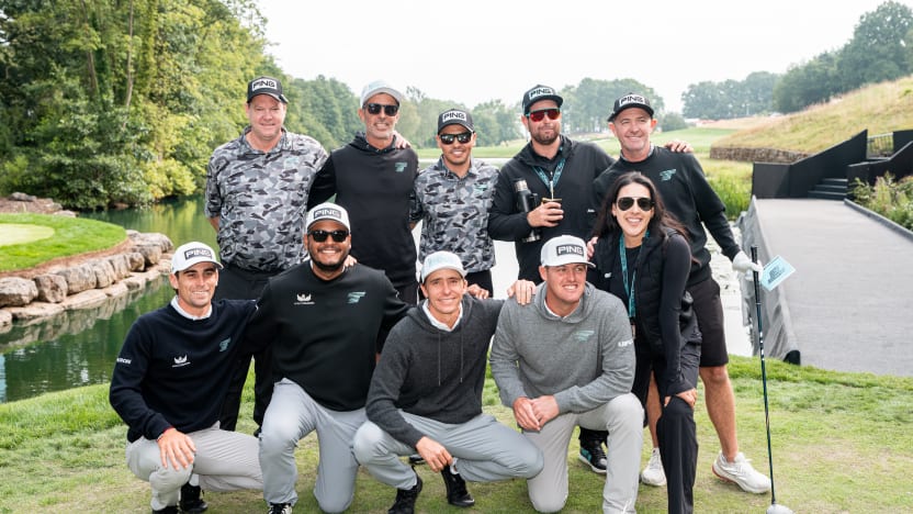 Torque GC team pose on the first tee during the Caddie Tournament before the start of LIV Golf United Kingdom at JCB Golf & Country Club on Wednesday, July 23, 2025 in Rocester, England. (Photo by Mateo Villalba/LIV Golf)