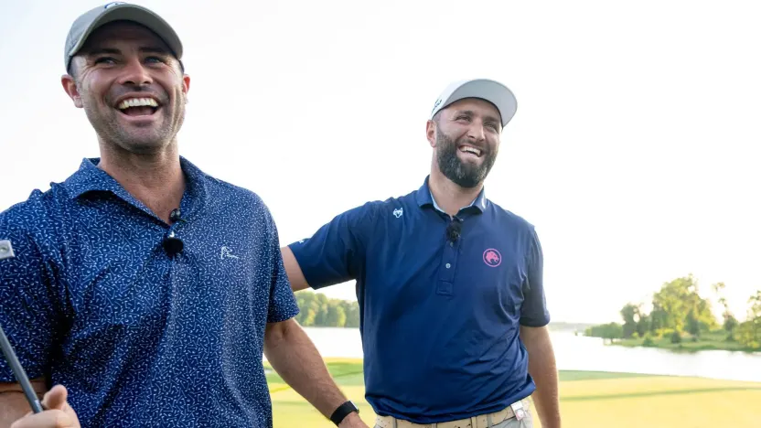 Captain Jon Rahm of Legion XIII and content creator, Wesley Bryan celebrate their win after the Duels Virginia before the start of LIV Golf Virginia at Robert Trent Jones Golf Club on Tuesday, June 03, 2025 in Gainesville, Virginia. (Photo by Charles Laberge/LIV Golf)
