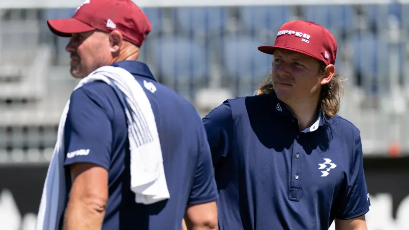 Captain Cameron Smith of Ripper GC and caddie, Sam Pinfold, are seen during the practice round before the start of LIV Golf Adelaide at Grange Golf Club on Tuesday, February 11, 2025 in Adelaide, Australia. (Photo by Matthew Harris/LIV Golf)