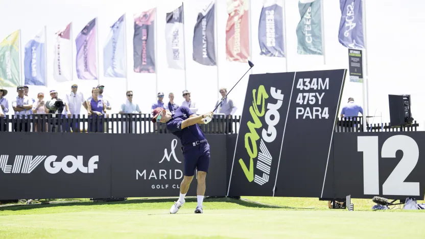Lucas Herbert of Ripper GC hits his shot from the 12th tee during the second round of LIV Golf Dallas at Maridoe Golf Club on Saturday, June 28, 2025 in Carrollton, Texas. (Photo by LIV Golf)