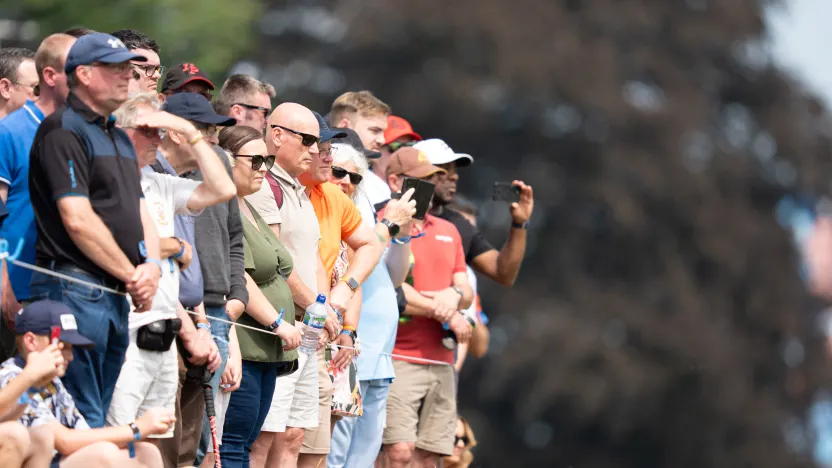 The gallery is seen alonduring the firg the first hole during the first round of LIV Golf United Kingdom at JCB Golf & Country Club on Friday, July 25, 2025 in Rocester, England. (Photo by Pedro Salado/LIV Golf)