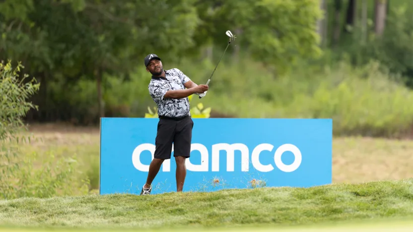 Harold Varner III of 4Aces GC hits his shot on the 17th hole during the practice round before the start of LIV Golf Indianapolis at The Club at Chatham Hills on Tuesday, August 12, 2025 in Westfield, Indiana. (Photo by Scott Taetsch/LIV Golf)