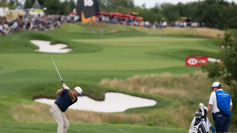 Graeme McDowell of Smash GC hits his shot on the 16th hole during the final round of LIV Golf United Kingdom at JCB Golf & Country Club on Sunday, July 27, 2025 in Rocester, England. (Photo by Matthew Harris/LIV Golf)