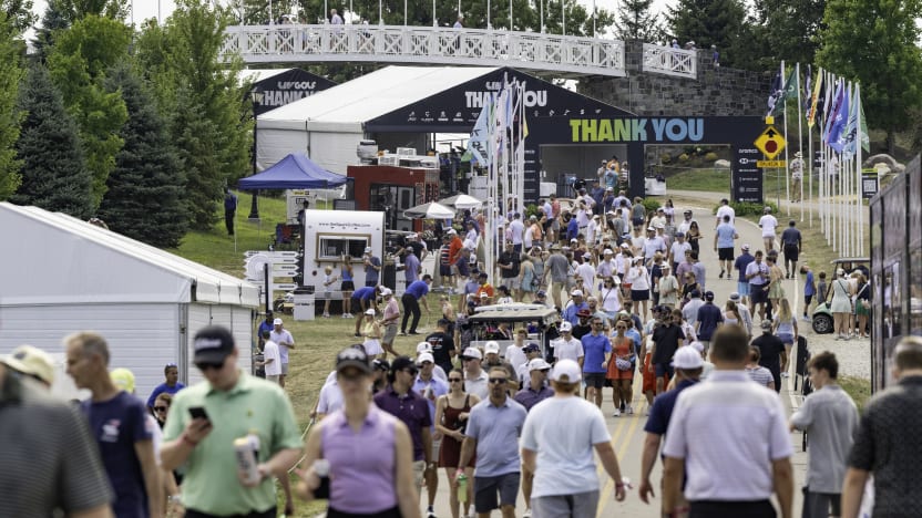General view of fans during the second round of LIV Golf Indianapolis at The Club at Chatham Hills on Saturday, August 16, 2025 in Westfield, Indiana. (Photo by Montana Pritchard/LIV Golf)