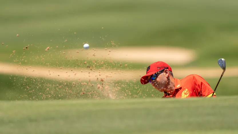 Captain Sergio Garcia of Fireballs GC hits his shot from a bunker on the 13th hole during the final round of LIV Golf Dallas at Maridoe Golf Club on Sunday, June 29, 2025 in Carrollton, Texas. (Photo by LIV Golf)