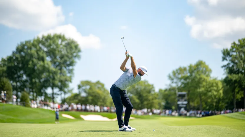 Captain Dustin Johnson of 4Aces GC hits his shot on the sixth hole during the quarterfinals of LIV Golf Team Championship Michigan at The Cardinal at Saint John’s on Friday, August 22, 2025 in Plymouth, MIchigan. (Photo by Charles Laberge/LIV Golf)