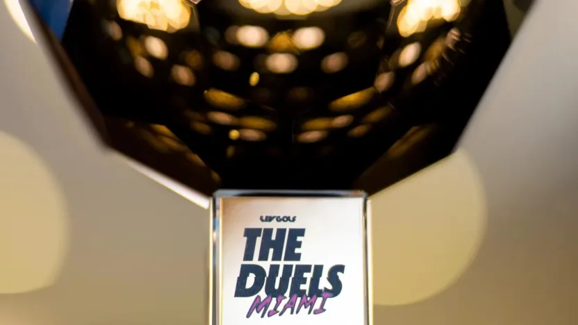 The Duels Miami trophy seen during the practice round before the start of LIV Golf Miami at Trump National Doral on Tuesday, April 01, 2025 in Miami, Florida. (Photo by Charles Laberge/LIV Golf)