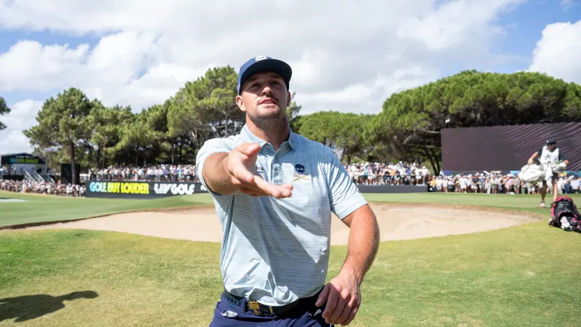 Captain Bryson DeChambeau of Crushers GC throws his tee to fans during the first round of LIV Golf Adelaide at Grange Golf Club on Friday, February 14, 2025 in Adelaide, Australia. (Photo by Charles Laberge/LIV Golf)