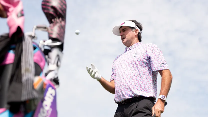 Captain Bubba Watson of RangeGoats GC tosses a golf ball on the driving range before the first round of LIV Golf United Kingdom at JCB Golf & Country Club on Friday, July 25, 2025 in Rocester, England. (Photo by Mateo Villalba/LIV Golf)