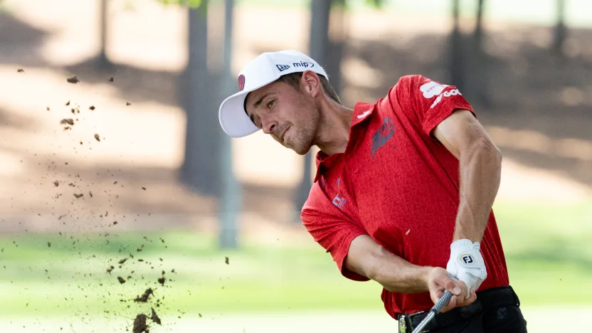 David Puig of Fireballs GC hits his shot from the second fairway during the final round of the 2025 PGA Championship at Quail Hollow Club on Sunday, May 18, 2025 in Charlotte, North Carolina. (Photo by Jon Ferrey/LIV Golf)