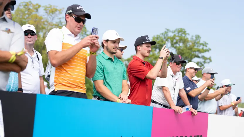 Fans are seen around the putting green before the first round of LIV Golf Indianapolis at The Club at Chatham Hills on Friday, August 15, 2025 in Westfield, Indiana. (Photo by Mateo Villalba/LIV Golf)