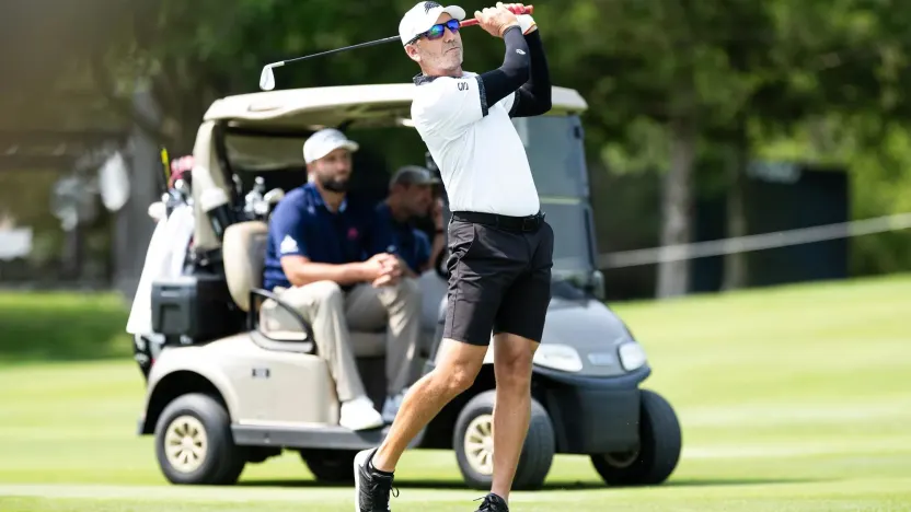 Captain Sergio Garcia of Fireballs GC hits his shot during the Duels Virginia  before the start of LIV Golf Virginia at Robert Trent Jones Golf Club on Tuesday, June 03, 2025 in Gainesville, Virginia. (Photo by Charles Laberge/LIV Golf)