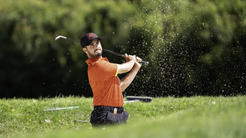 Abraham Ancer of Fireballs GC hits his shot from the bunker during the first round of LIV Golf Andalucía at Real Club Valderrama on Friday, July 11, 2025 in San Roque, Spain. (Photo by Mateo Villalba/LIV Golf)