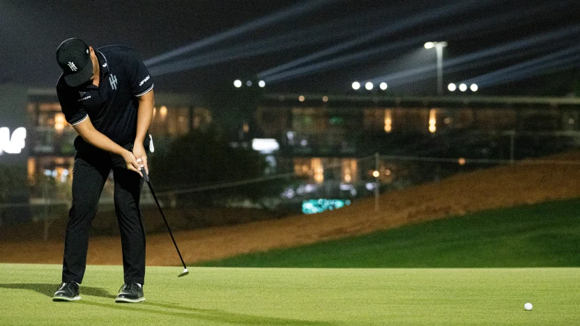 image: Danny Lee of Iron Heads GC putts on the 17th green during the first round of LIV Golf Riyadh at Riyadh Golf Club on Thursday, February 06, 2025 in Riyadh, Saudi Arabia. (Photo by Matthew Harris/LIV Golf)