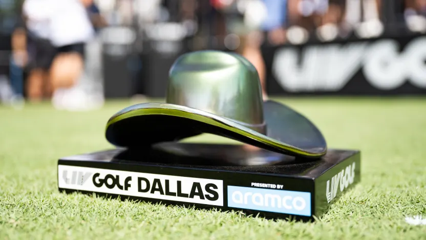 LIV Golf tee marker is seen on the 1st tee during the first round of LIV Golf Dallas at Maridoe Golf Club on Friday, June 27, 2025 in Carrollton, Texas. (Photo by Montana Pritchard/LIV Golf)