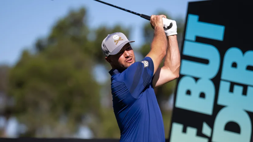 Captain Bryson DeChambeau of Crushers GC hits his shot from the fourth tee during the practice round before the start of LIV Golf Adelaide at Grange Golf Club on Tuesday, February 11, 2025 in Adelaide, Australia. (Photo by Pedro Salado/LIV Golf)