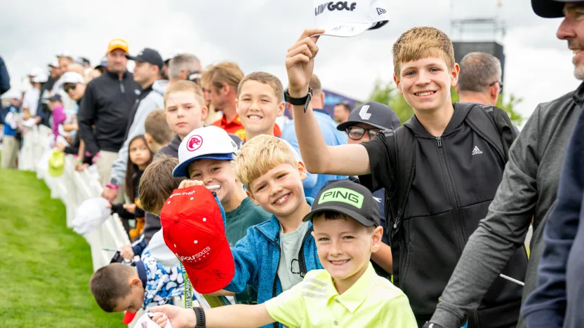Fans gather around the putting green before the final round of LIV Golf United Kingdom at JCB Golf & Country Club on Sunday, July 27, 2025 in Rocester, England. (Photo by Charles Laberge/LIV Golf)