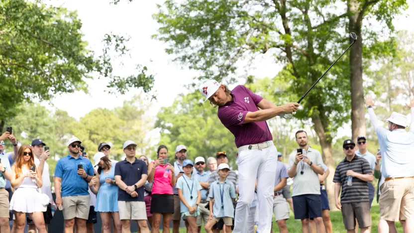 Captain Cameron Smith of Ripper GC hits his shot on the 12th hole during the second round of the 2025 PGA Championship at Quail Hollow Club on Friday, May 16, 2025 in Charlotte, North Carolina. (Photo by Jon Ferrey/LIV Golf)
