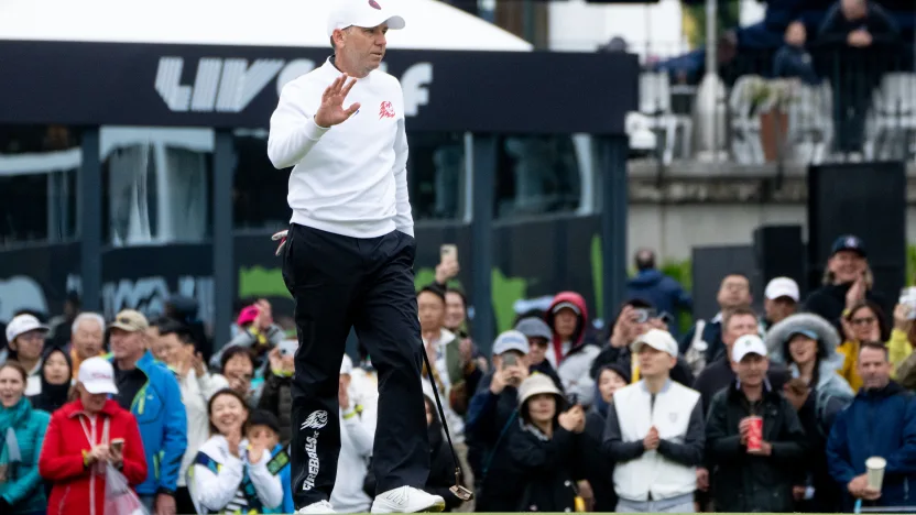 Captain Sergio Garcia of Fireballs GC acknowledges the fans during the first round of LIV Golf Hong Kong at Hong Kong Golf Club Fanling on Friday, March 07, 2025 in Fanling, Hong Kong. (Photo by Mike Stobe/LIV Golf)