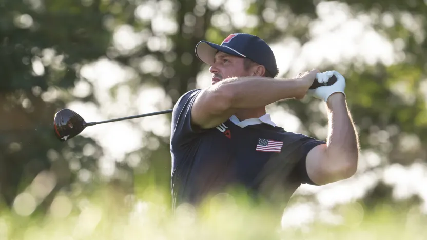 Bryson DeChambeau of Team USA hits his shot during the morning foursomes of the Ryder Cup at Bethpage Black Golf Course on Saturday, September 27, 2025 in Farmingdale, New York. (Photo by Charles Laberge/LIV Golf)