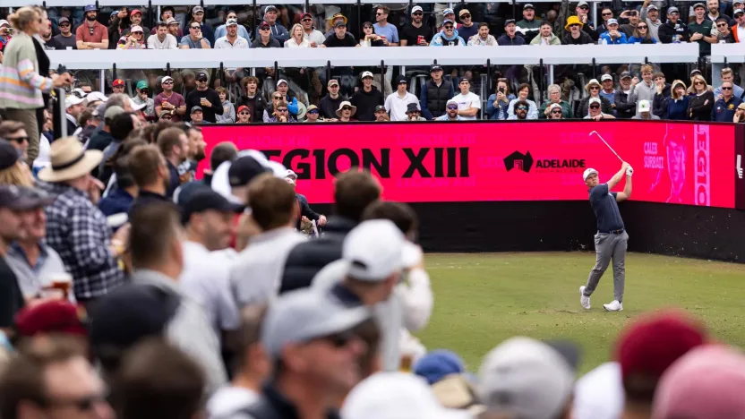 Caleb Surratt of Legion XIII hits his shot from the 12th tee during the first round of LIV Golf Adelaide at the Grange Golf Club on Friday, April 26, 2024 in Adelaide, Australia. (Photo by Jon Ferrey/LIV Golf)