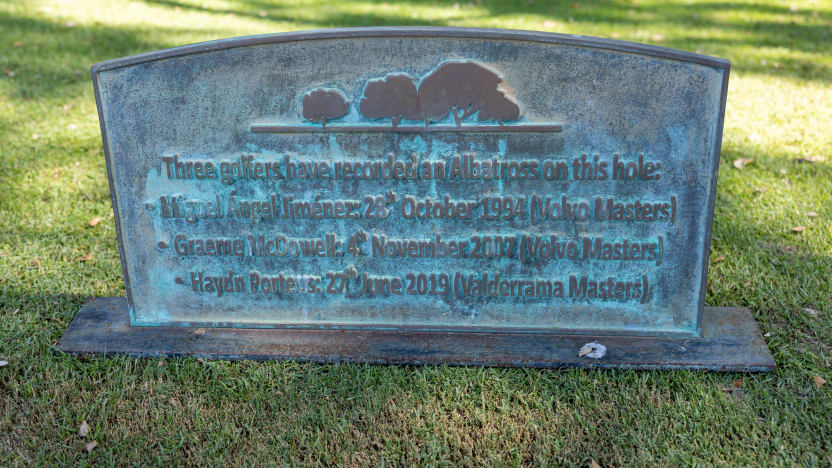 A plaque is een on the 17th hole during the practice round before the start of LIV Golf Andalucía at Real Club Valderrama on Tuesday, July 08, 2025 in San Roque, Spain. (Photo by Chris Trotman/LIV Golf)