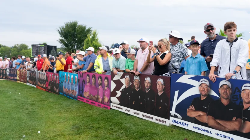 Fans are seen around the putting green before the final round of LIV Golf Indianapolis at The Club at Chatham Hills on Sunday, August 17, 2025 in Westfield, Indiana. (Photo by Mateo Villalba/LIV Golf)